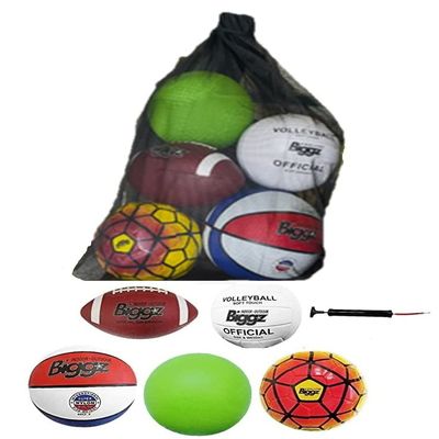 Biggz Bag of Sport Balls  Basketball, Soccer Ball, Football, Volleyball, Green Playground Ball, and Pump