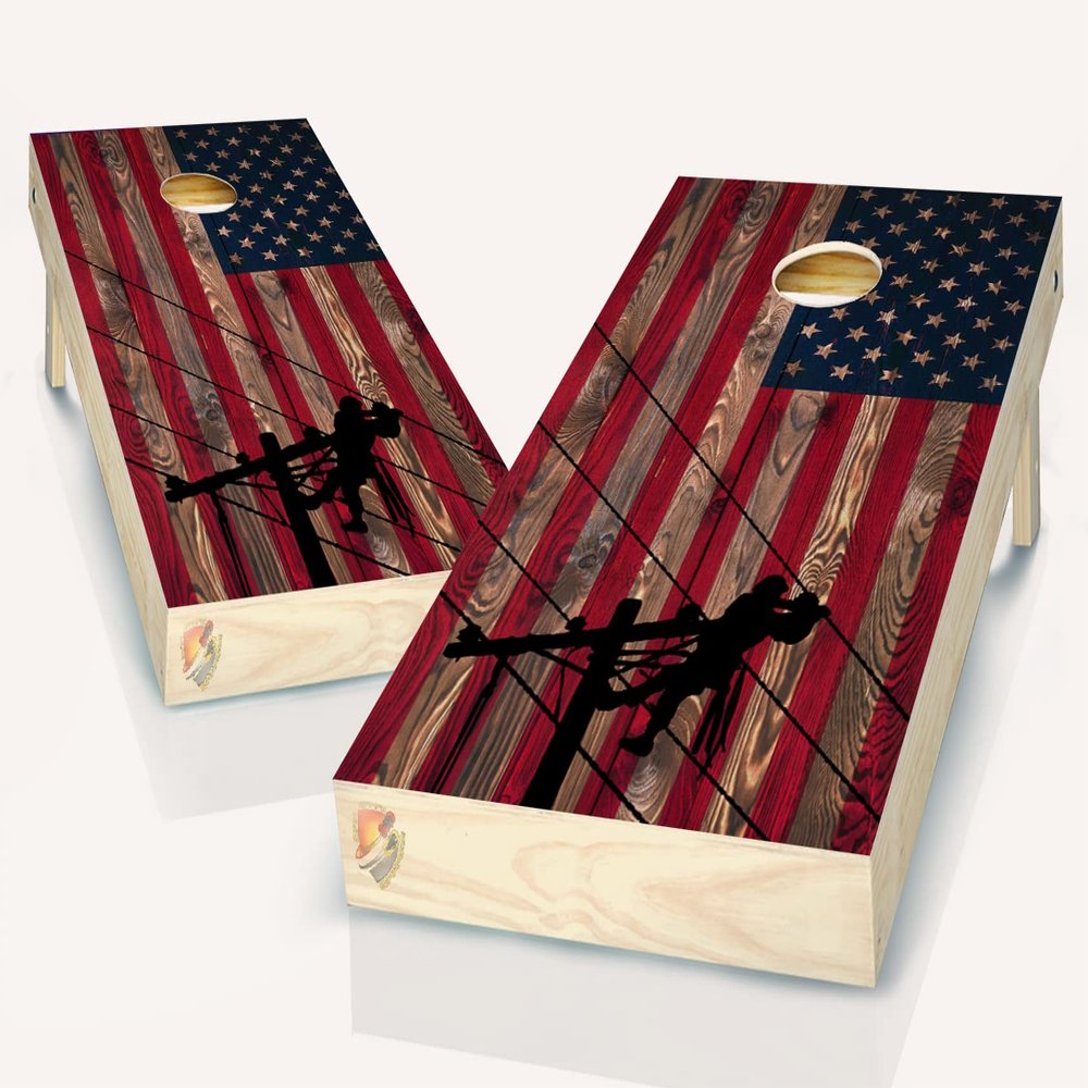 American Flag Lineman Patriotic Cornhole Board Vinyl Wrap Laminated Sticker Set Decal