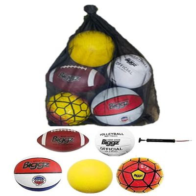 Biggz Bag of Sport Balls  Basketball, Soccer Ball, Football, Volleyball, Yellow Playground Ball, and Pump