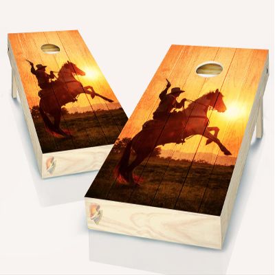 Cowboy Galloping Sunset Cornhole Board Vinyl Wrap Laminated Sticker Set Decal