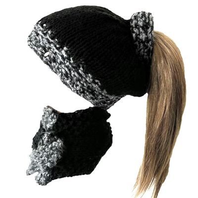 Alexie Inc. Messy Bun Hat w Matching Scarf, Knit, Ear Warmers, Hair Sleeve, Black and White, OS