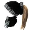 Alexie Inc. Messy Bun Hat w Matching Scarf, Knit, Ear Warmers, Hair Sleeve, Black and White, OS view 1