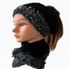 Alexie Inc. Messy Bun Hat w Matching Scarf, Knit, Ear Warmers, Hair Sleeve, Black and White, OS view 2