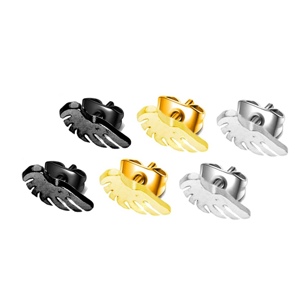 3 Pairs Punk Stainless Steel Middle Finger Ear Studs Earrings Cool Feather Cross Lightning Bolt Flash Earrings for Men Women Hip Hop Jewelry-feather