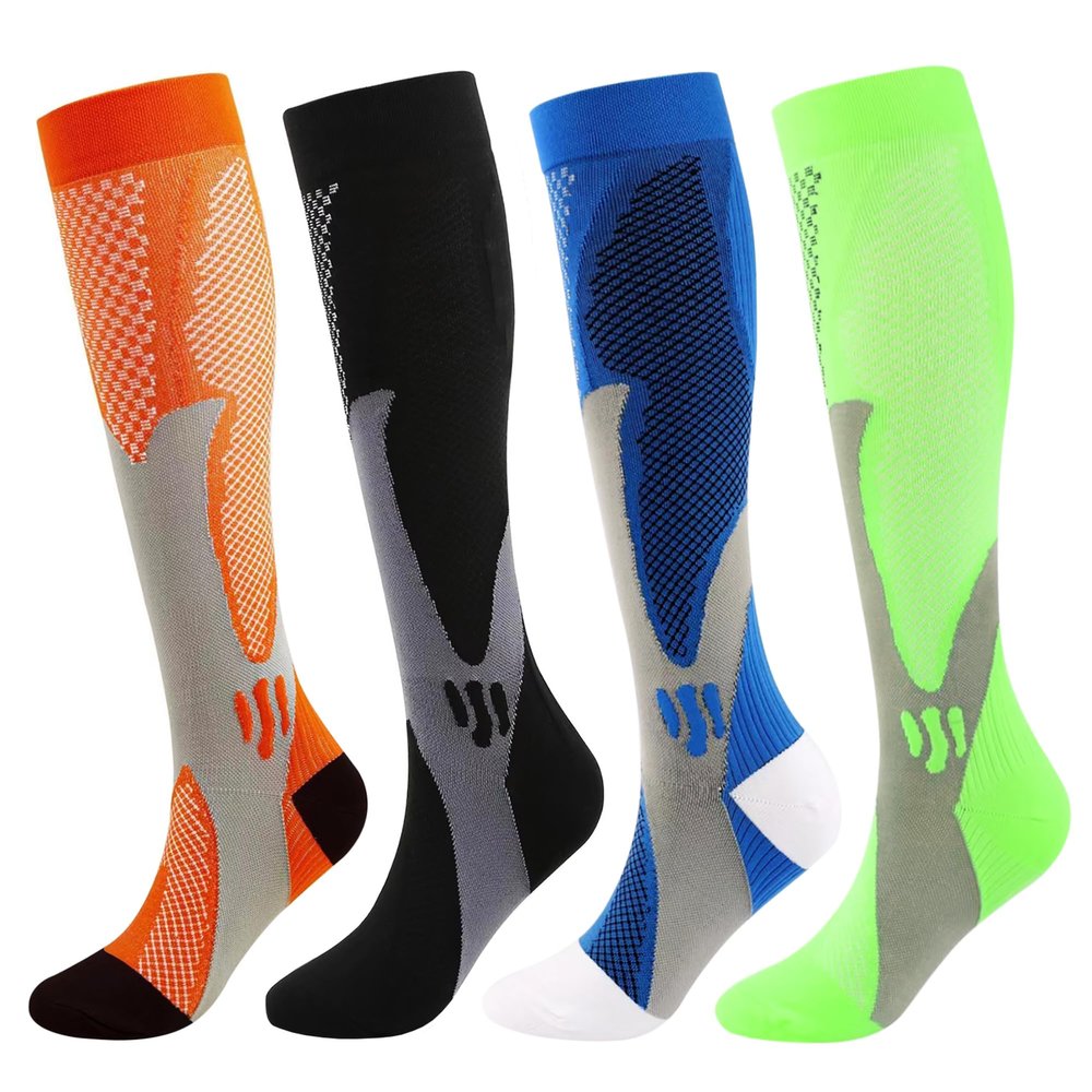 Kickticks Compression Socks 4 Paris for Women & Men 20-30mmhg Knee High Circulation Support for Running Nurse Sport Kinesio Function(Black/Blue/Green/Orange, S/M)
