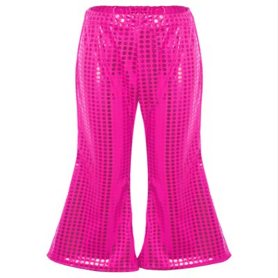 Aislor Girls Shiny Metallic Wide Leg Flare Trousers Stretch Bell Bottoms Modern Hip Hop Jazz Street Latin Dance Pants Hot Pink 2-3 Years