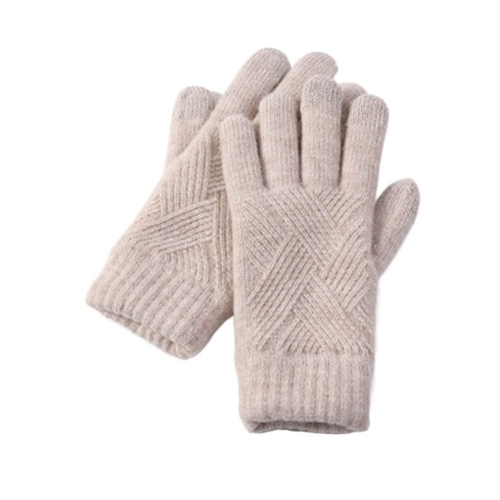 WILLWA Women's Winter Double Warm Knitted Full Finger Gloves Women's Wool Riding Driving Gloves (Color : Beige, Size : One Size)