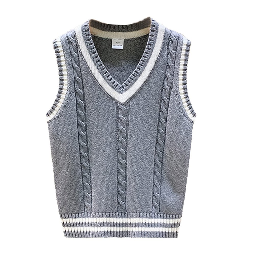 Agoky Kids Boys Knitted Sweater Vest V Neck School Uniform Pullover Knitwear Spring Autumn Outfit Grey Ribbed 2-3 Years