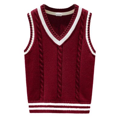 Agoky Kids Boys Knitted Sweater Vest V Neck School Uniform Pullover Knitwear Spring Autumn Outfit Burgundy Ribbed 2-3 Years
