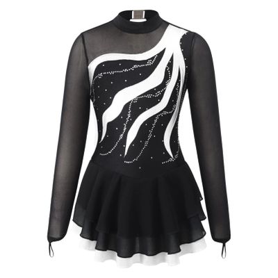 Agoky Girls Shiny Roller Figure Ice Skating Dress Long Sleeve Mesh Splice Gymnastic Outfit Illusion Ballet Dancewear White 12 Years