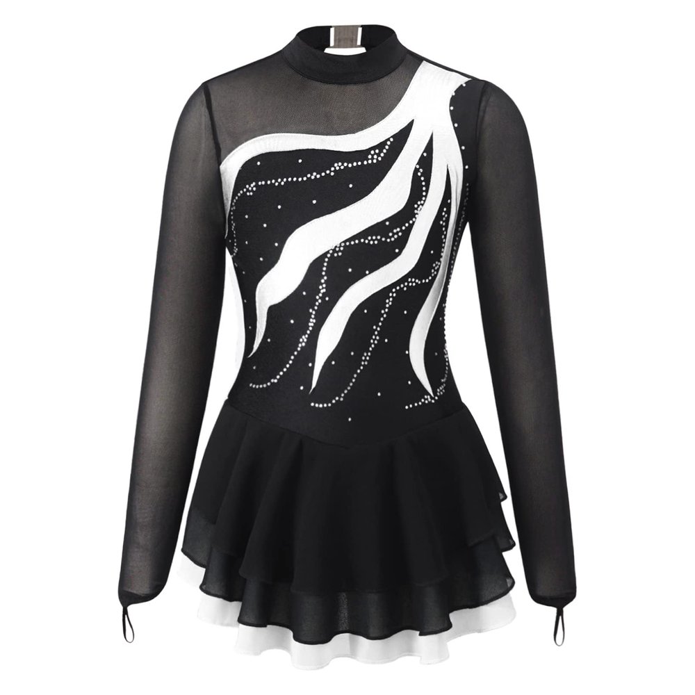 Agoky Girls Shiny Roller Figure Ice Skating Dress Long Sleeve Mesh Splice Gymnastic Outfit Illusion Ballet Dancewear White 12 Years