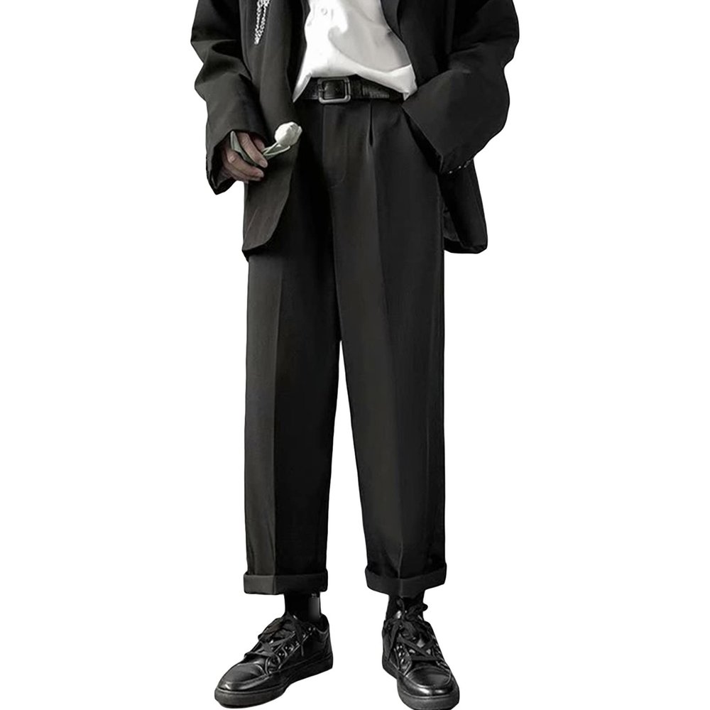 Men's Loose Straight Casual Trousers Solid Color Texture Mopping Trousers Straight Spring Men's Long Stilt Pants (Black,Medium)