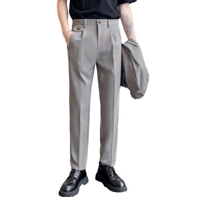 Men's Fashion British Slim Casual Suit Pants Stretch Fit Skinny Pants Classic Fit Flat Front Dress Pants (Grey,Medium)