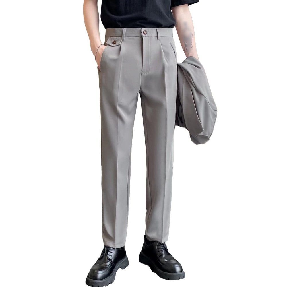 Men's Fashion British Slim Casual Suit Pants Stretch Fit Skinny Pants Classic Fit Flat Front Dress Pants (Grey,Medium)