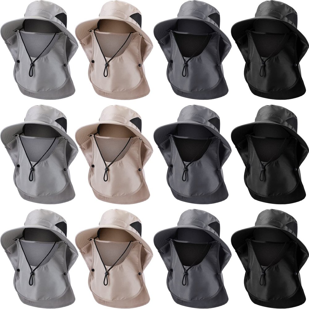 12 Pcs Fishing Sun Hat for Men Women Wide Brim UV Sun Protection Cap Summer Outdoor Hiking Hat with Neck and Face Flap for Adults, 4 Colors