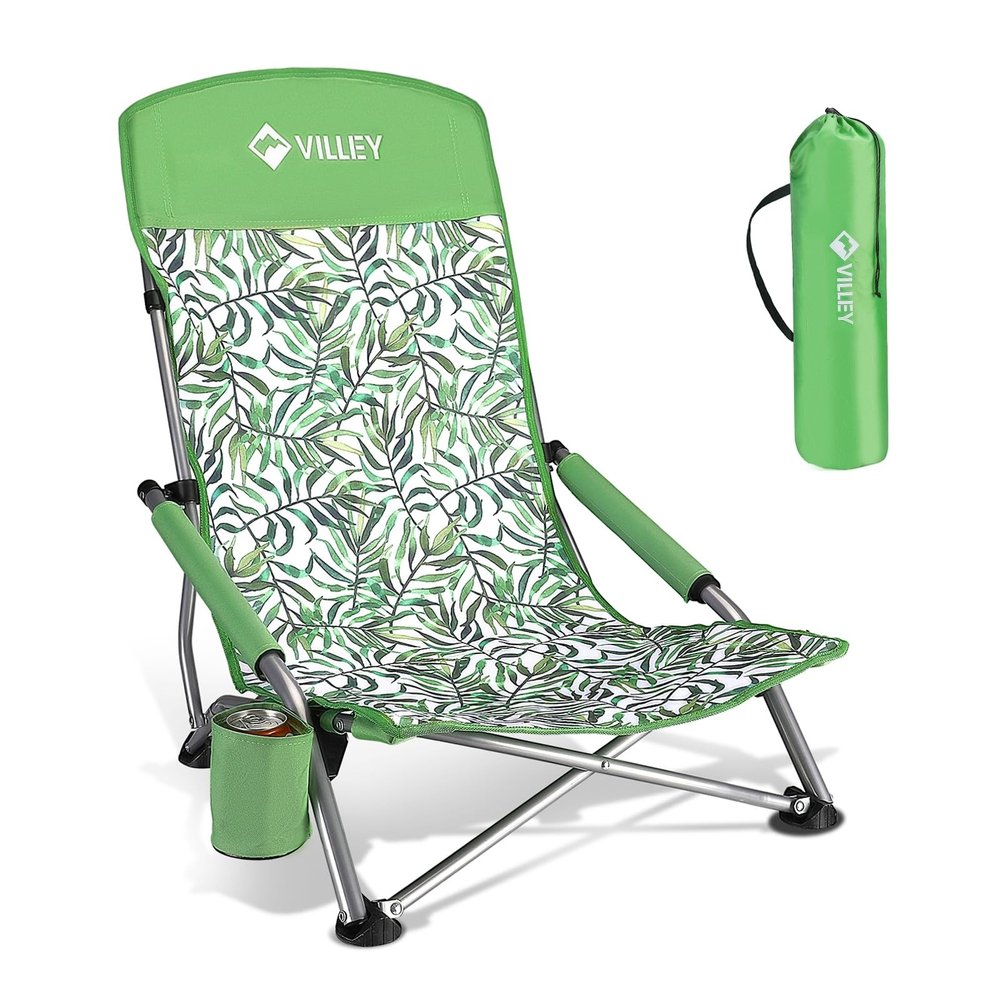 VILLEY Low Beach Chair, High Back Folding Beach Chair for Adults, Lightweight and Portable for Outdoor, Beach, Camping, Lawn, Music Festival, with Cup Holder and Carry Bag-Green Tropical Leaves