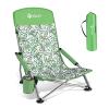VILLEY Low Beach Chair, High Back Folding Beach Chair for Adults, Lightweight and Portable for Outdoor, Beach, Camping, Lawn, Music Festival, with Cup Holder and Carry Bag-Green Tropical Leaves view 1