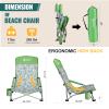 VILLEY Low Beach Chair, High Back Folding Beach Chair for Adults, Lightweight and Portable for Outdoor, Beach, Camping, Lawn, Music Festival, with Cup Holder and Carry Bag-Green Tropical Leaves view 3
