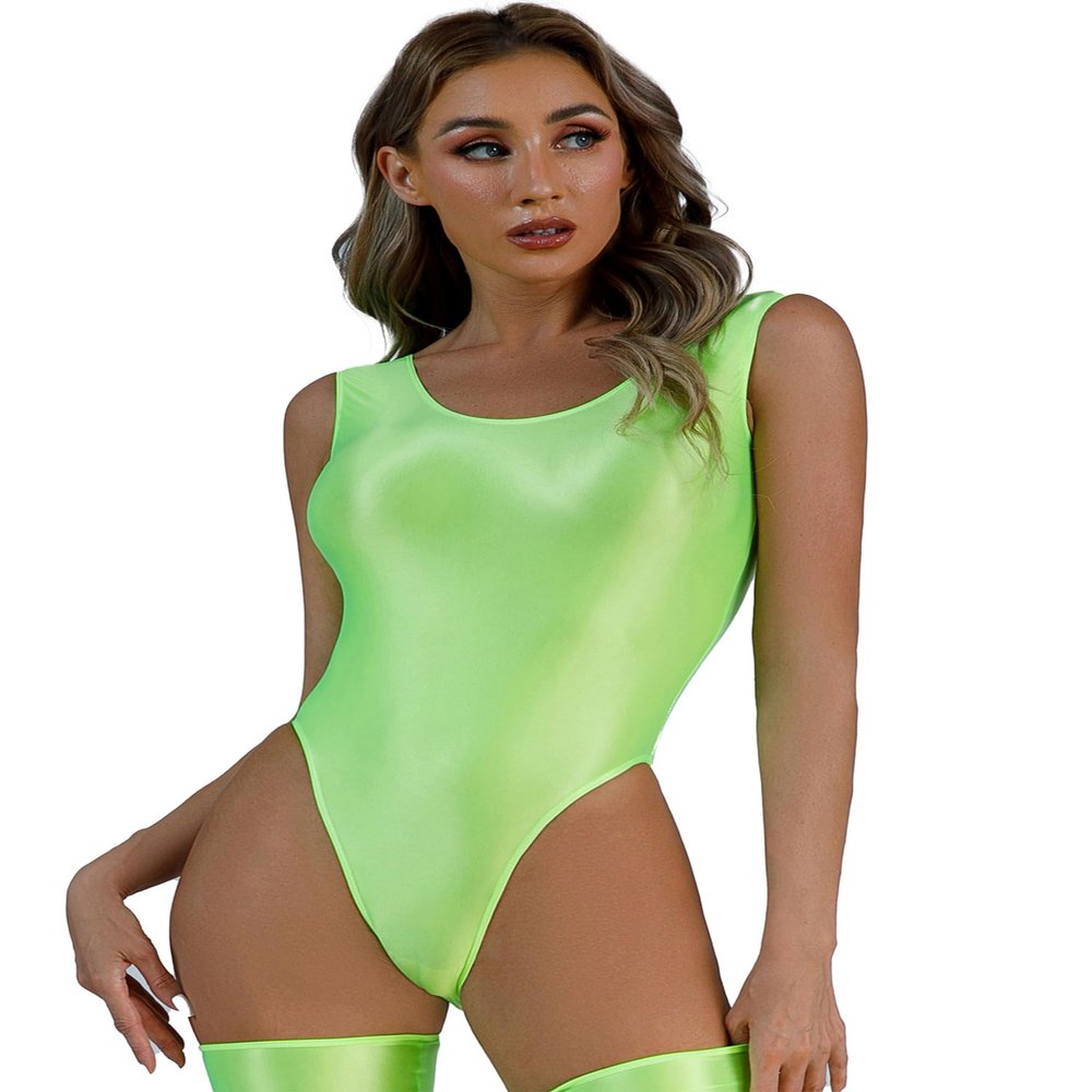 ACSUSS Womens Glossy Bodysuit Pool Party Swimsuit High Cut Sleeveless Leotard for Sports Workout Yoga Fluorescent Green Medium