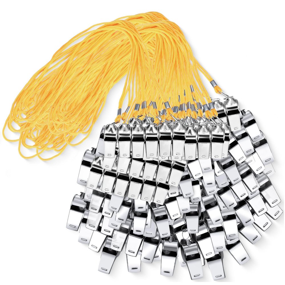 Kingdder 100 Pcs Metal Referee Whistle Bulk for Coach Whistles for Adults with Lanyard Stainless Steel Sports Whistle Emergency Loud Sound Whistle for Teachers Polices School Sports(Yellow)