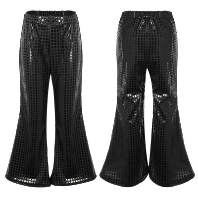 LiiYii Big Girls Boys Hip Hop Modern Jazz Flared Pants Street Dance Trousers Competition Shiny Sequins Pants Black 9-10 Years