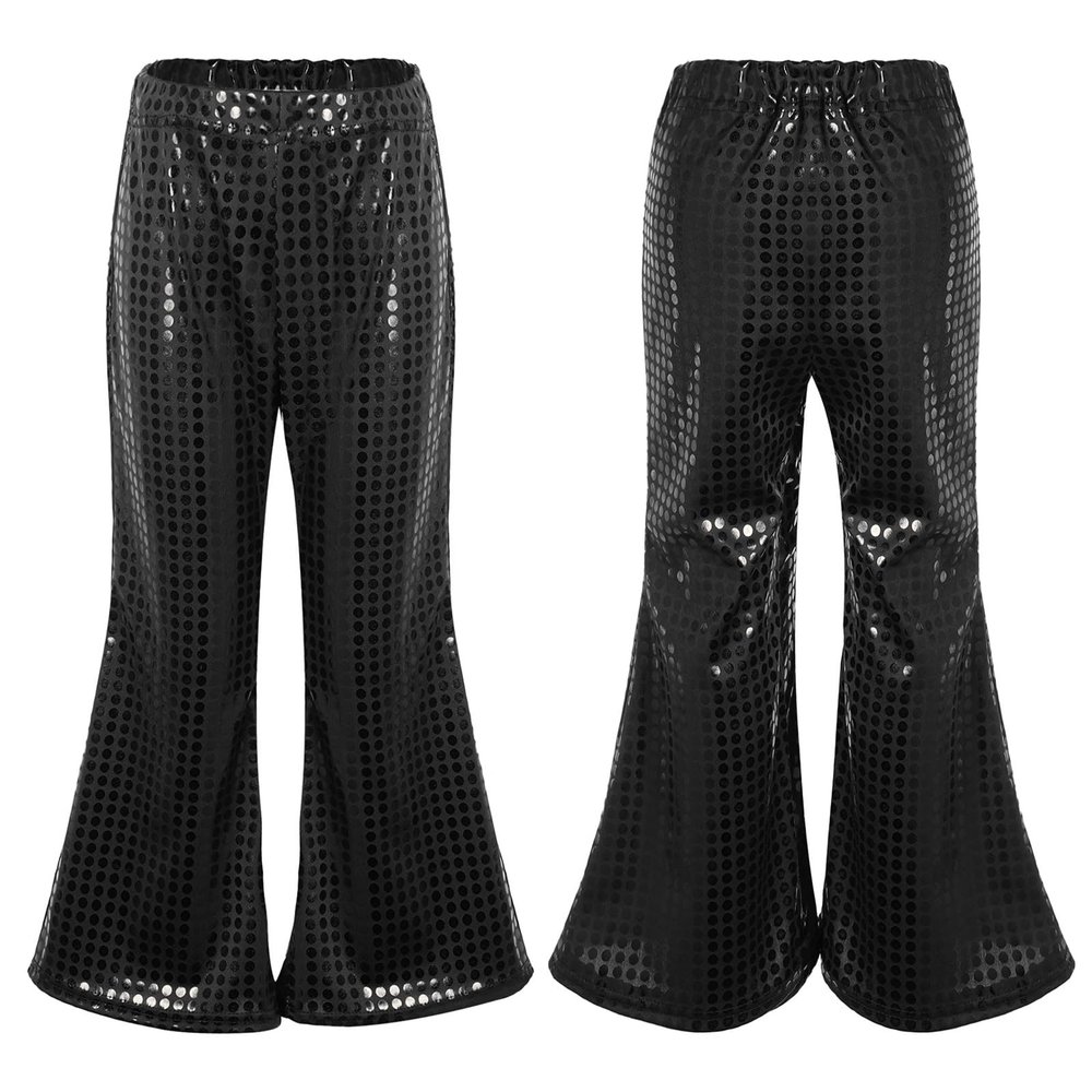 LiiYii Big Girls Boys Hip Hop Modern Jazz Flared Pants Street Dance Trousers Competition Shiny Sequins Pants Black 9-10 Years