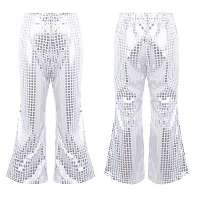 LiiYii Big Girls Boys Hip Hop Modern Jazz Flared Pants Street Dance Trousers Competition Shiny Sequins Pants Silver 13-14 Years