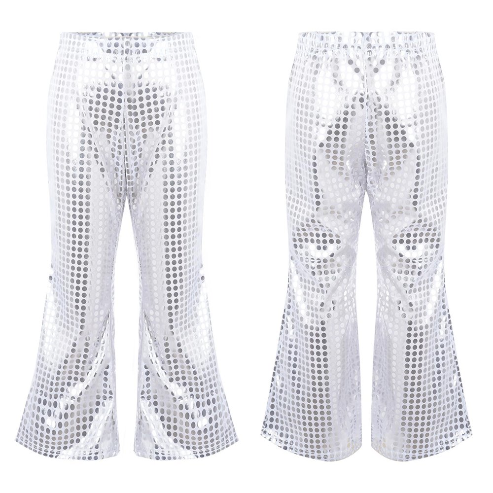 LiiYii Big Girls Boys Hip Hop Modern Jazz Flared Pants Street Dance Trousers Competition Shiny Sequins Pants Silver 13-14 Years
