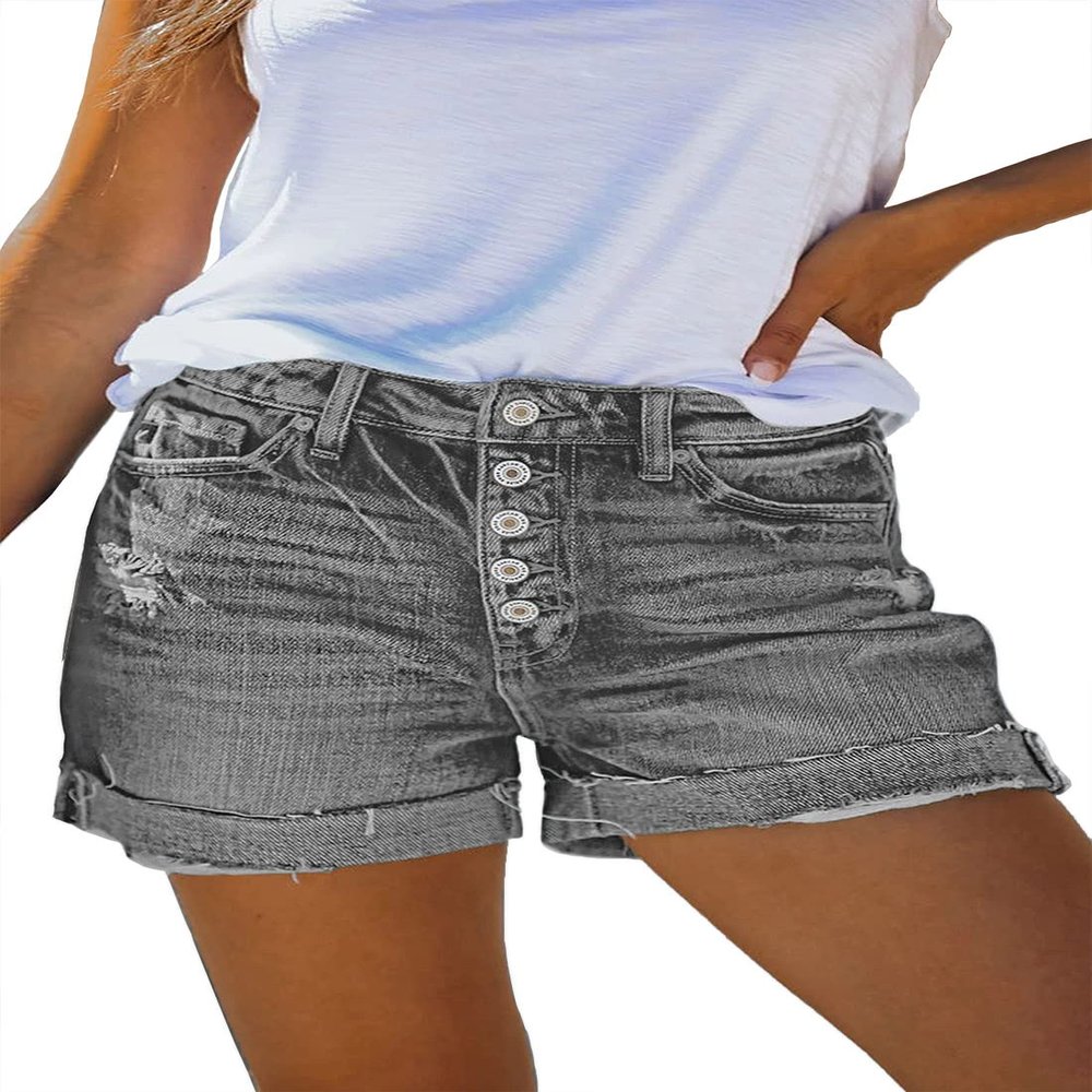 HUUSA Juniors Casual Summer Mid Waist Stretchy Denim Jean Shorts Fashion Soft Button Fly Rolled Hem Distressed Ripped Short Jeans for Women Outfit Bottom Gray 2XL