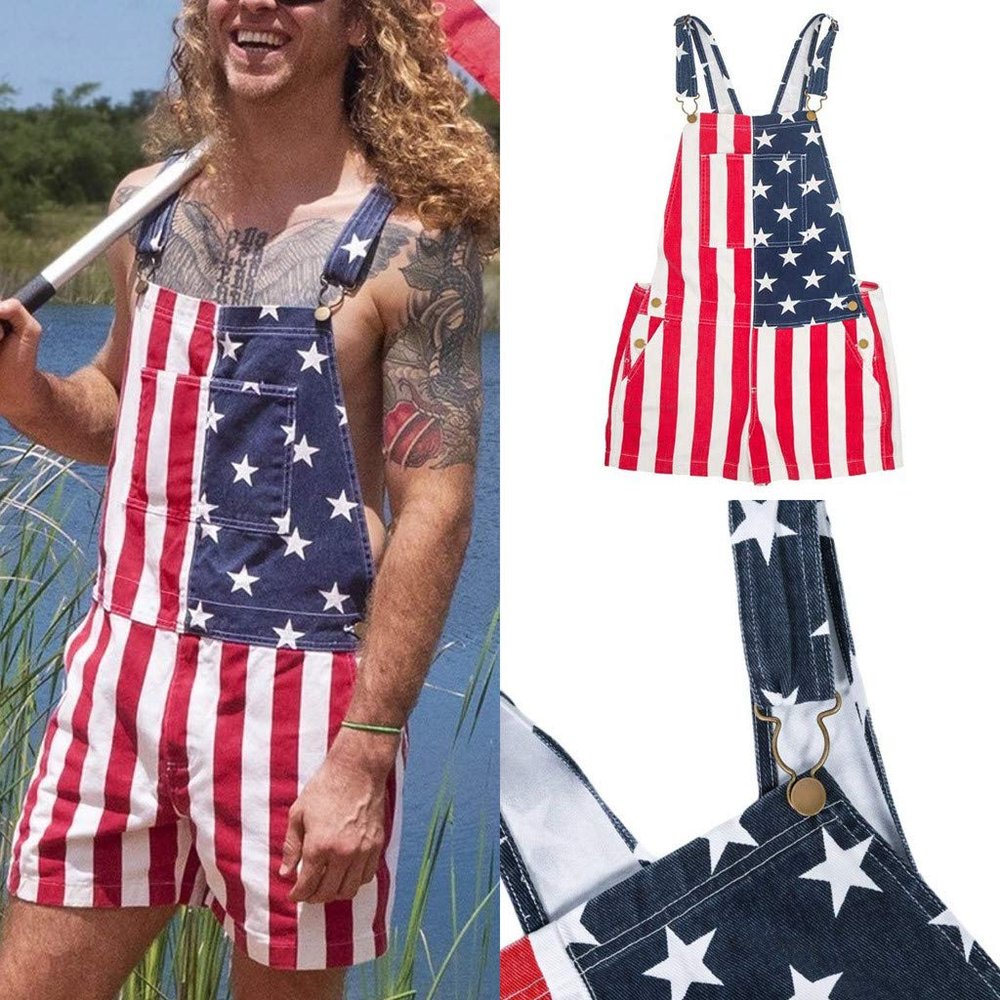 Unisex Flag Jumpsuit Overall Shorts Jeans Casual Workout Adjustable Strap Jumpsuit for Men Women