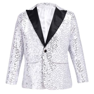 Hularka Kids Boys One Button Formal Dress Suit Jacket Blazer Shiny Sequins Wedding Party Banquet Prom Tuxedo Silver 8 Years