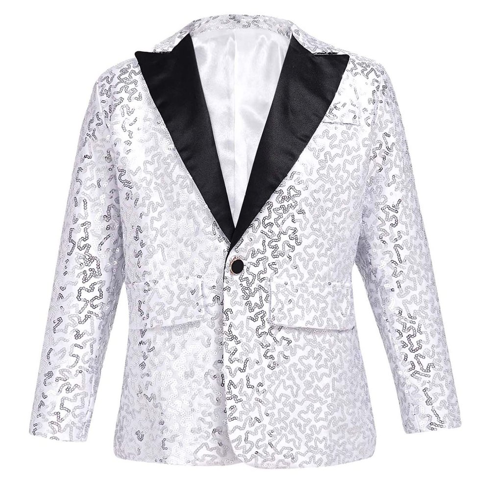 Hularka Kids Boys One Button Formal Dress Suit Jacket Blazer Shiny Sequins Wedding Party Banquet Prom Tuxedo Silver 8 Years