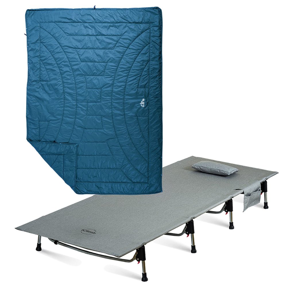 iClimb 1 3M Thinsulate Insulation Warm Camping Blanket and 1 Super Easy Assemble Cot Bundle, Ultralight Compact for Solo Adult Outdoor Backpacking Camping