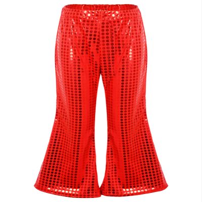 Agoky Kids Girls Sparkly Sequins Dance Pants Wide Leg Bell Bottoms Flared Trousers Hip Hop Jazz Disco Performance Costume Red 9-10 Years