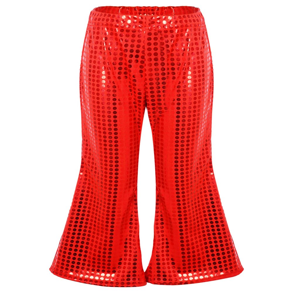 Agoky Kids Girls Sparkly Sequins Dance Pants Wide Leg Bell Bottoms Flared Trousers Hip Hop Jazz Disco Performance Costume Red 9-10 Years