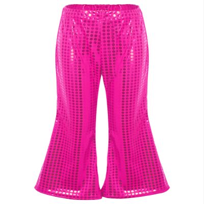 Agoky Kids Girls Sparkly Sequins Dance Pants Wide Leg Bell Bottoms Flared Trousers Hip Hop Jazz Disco Performance Costume Hot Pink 13-14 Years
