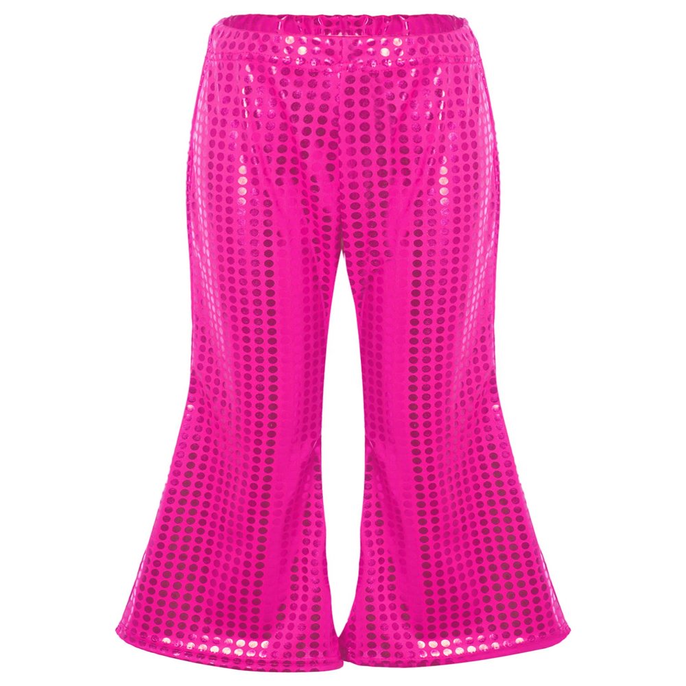 Agoky Kids Girls Sparkly Sequins Dance Pants Wide Leg Bell Bottoms Flared Trousers Hip Hop Jazz Disco Performance Costume Hot Pink 13-14 Years