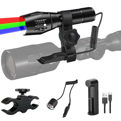 WINDFIRE 4 Color in 1 Tactical Flashlight, Red Green Blue White Light LED Hunting Flashlights with Scope Mount, Waterproof Zoomable Multicolor Flashlight Hog Coyote Fox Predator Light