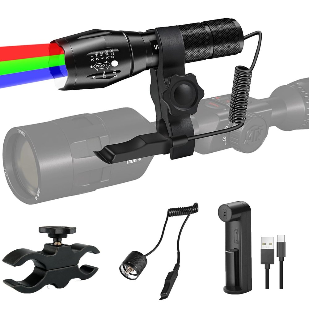 WINDFIRE 4 Color in 1 Tactical Flashlight, Red Green Blue White Light LED Hunting Flashlights with Scope Mount, Waterproof Zoomable Multicolor Flashlight Hog Coyote Fox Predator Light