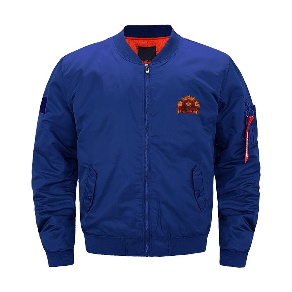 Firefighter Volunteer Men's Flight Bomber Jacket Stand Collar Coat Windbreaker with Pocket