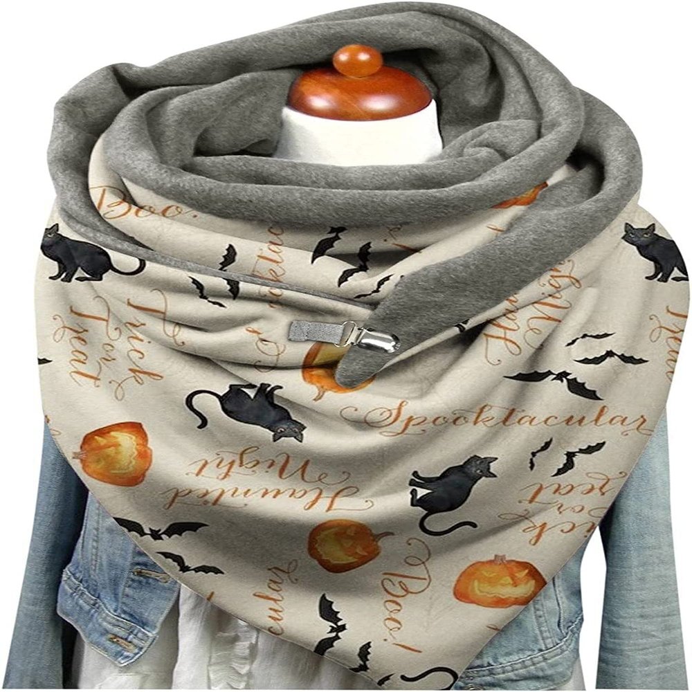 SCAPH Womens Scarf Halloween Winter Print Button Soft Wrap Casual Warm Scarves Shawls Bag Scarf (Color : A-Khaki, Size : One Size)