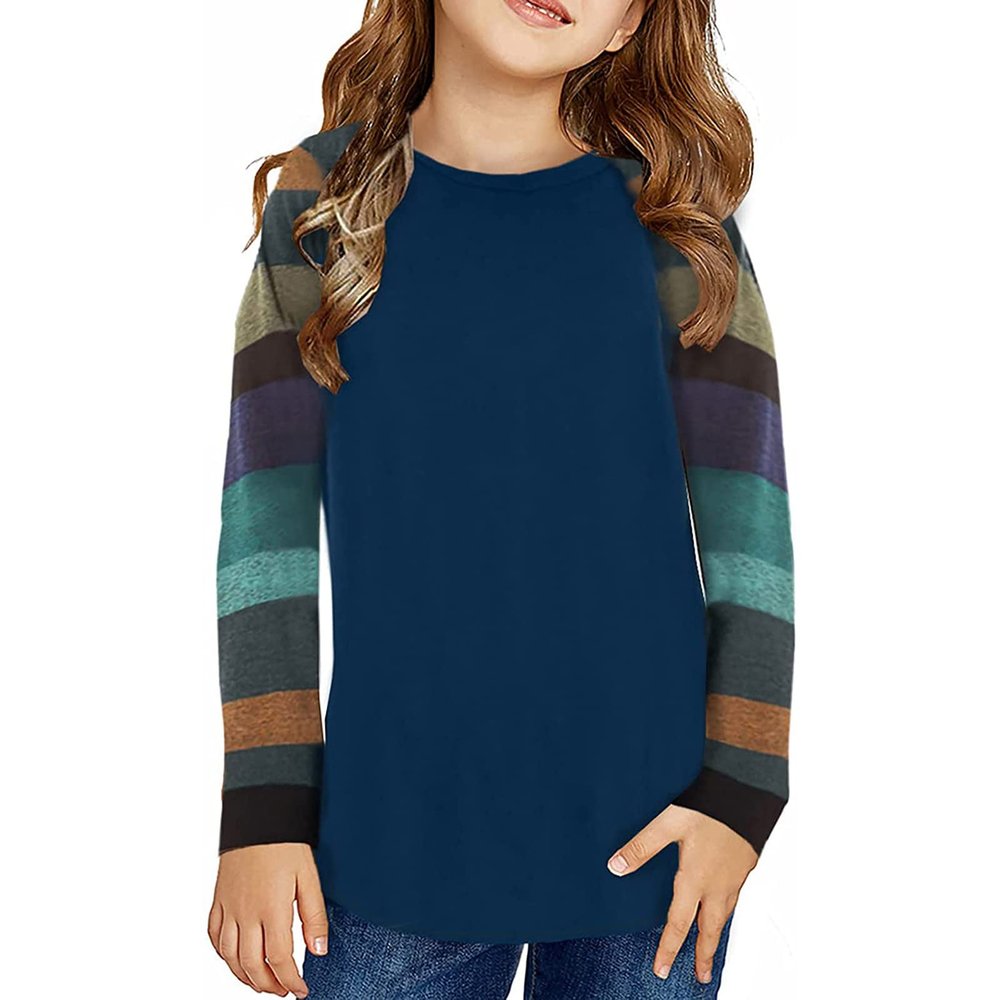 Little Girls Casual Long Sleeve T Shirts Crewneck Tunic Tops 4-13Y Kids Button Striped Tee Blouses (13#Blue, 6-7 Years)