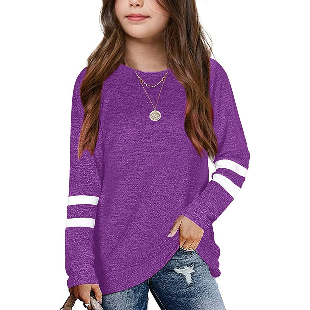 Little Girls Casual Long Sleeve T Shirts Crewneck Tunic Tops 4-13Y Kids Button Striped Tee (07#Purple, 6-7 Years)