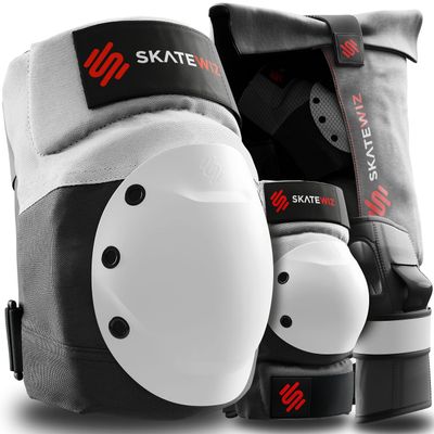 SKATEWIZ Knee and Elbow Pads Adult - Skating Protective Gear Adult - Shield - Size L Grey White - Skateboard Pads with Wrist Guards for Inline Skates, Roller Skate - Ice Skates for Men