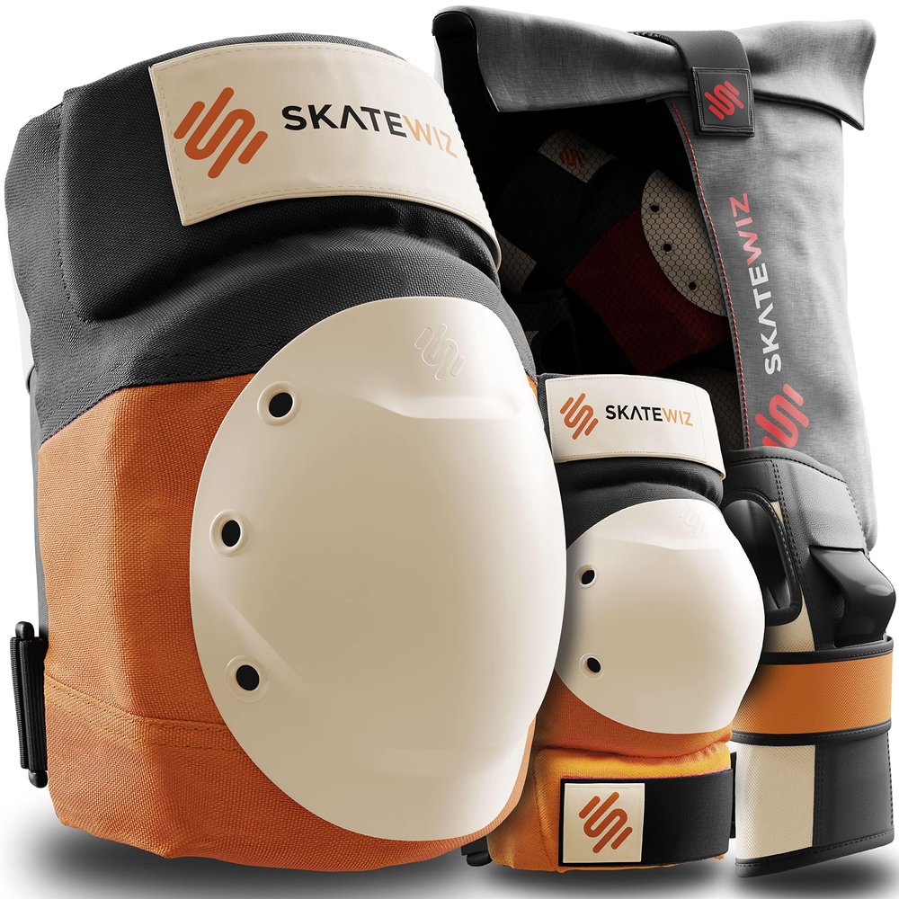 SKATEWIZ Knee and Elbow Pads Adult - Skating Protective Gear Adult - Shield - Size M/L Orange - Skateboard Pads with Wrist Guards for Inline Skates, Roller Skate - Ice Skates for Women