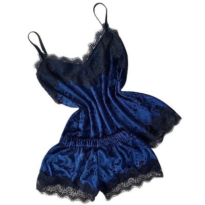 ROWAGY 2pcs Sexy Lace Nightgowns Sleepshirts Women Sleepwear Pajamas Ladies V Neck Nightshirt Woman Holiday Home Nightdress Blue