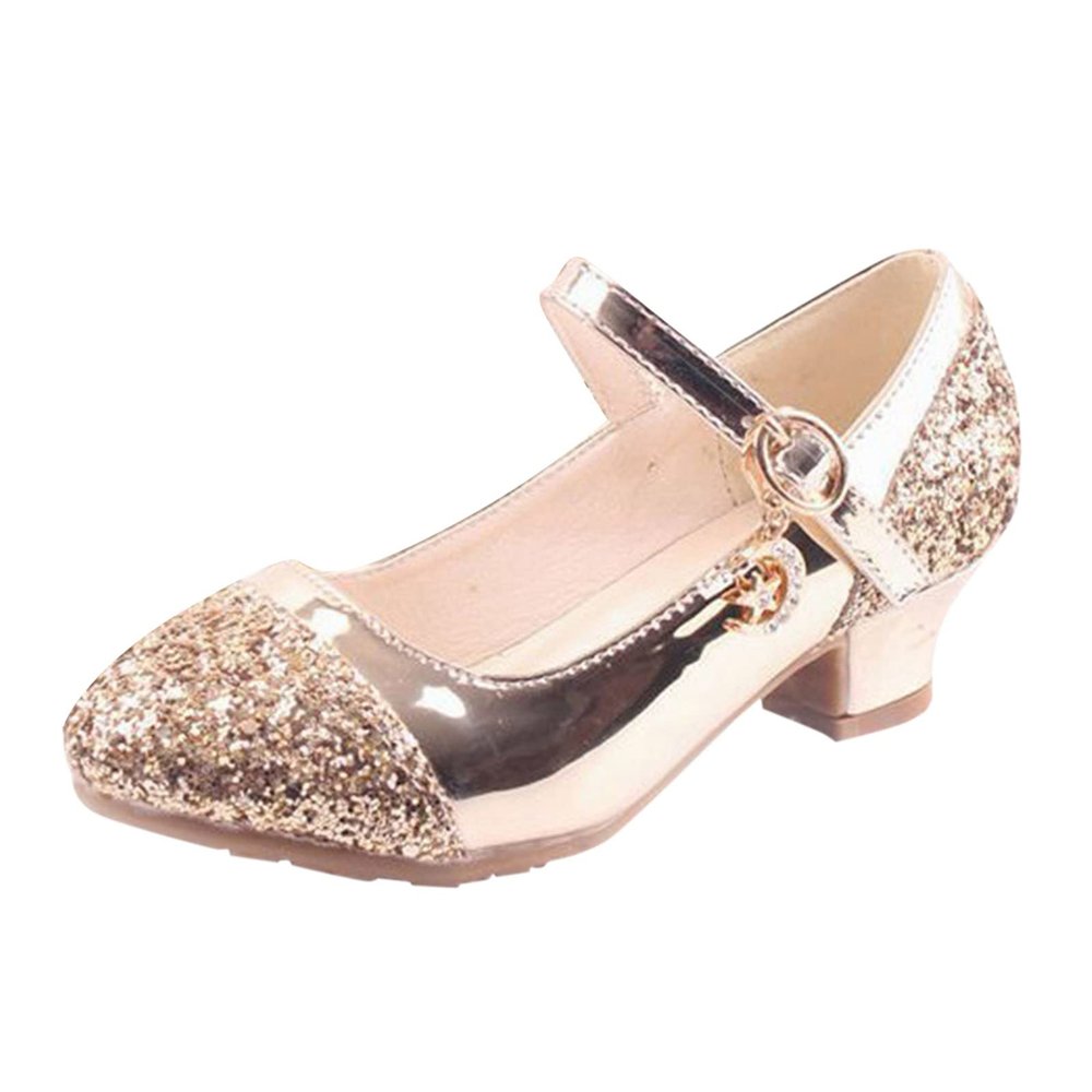 Children Shoes High Heels Girls Princess Single Shoes Dress Shoes Performance Shoes Children Crystal Girl Dress Shoes (Gold, 12.-12.5 Years Big Kids)