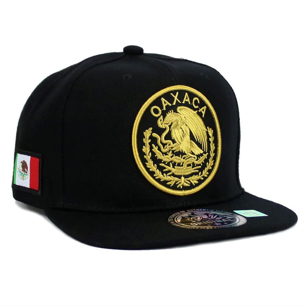 Mexican Hat Mexico State Federal Logo Embroidered Snapback Flat Bill Baseball Cap (Oaxaca- Black/Gold)