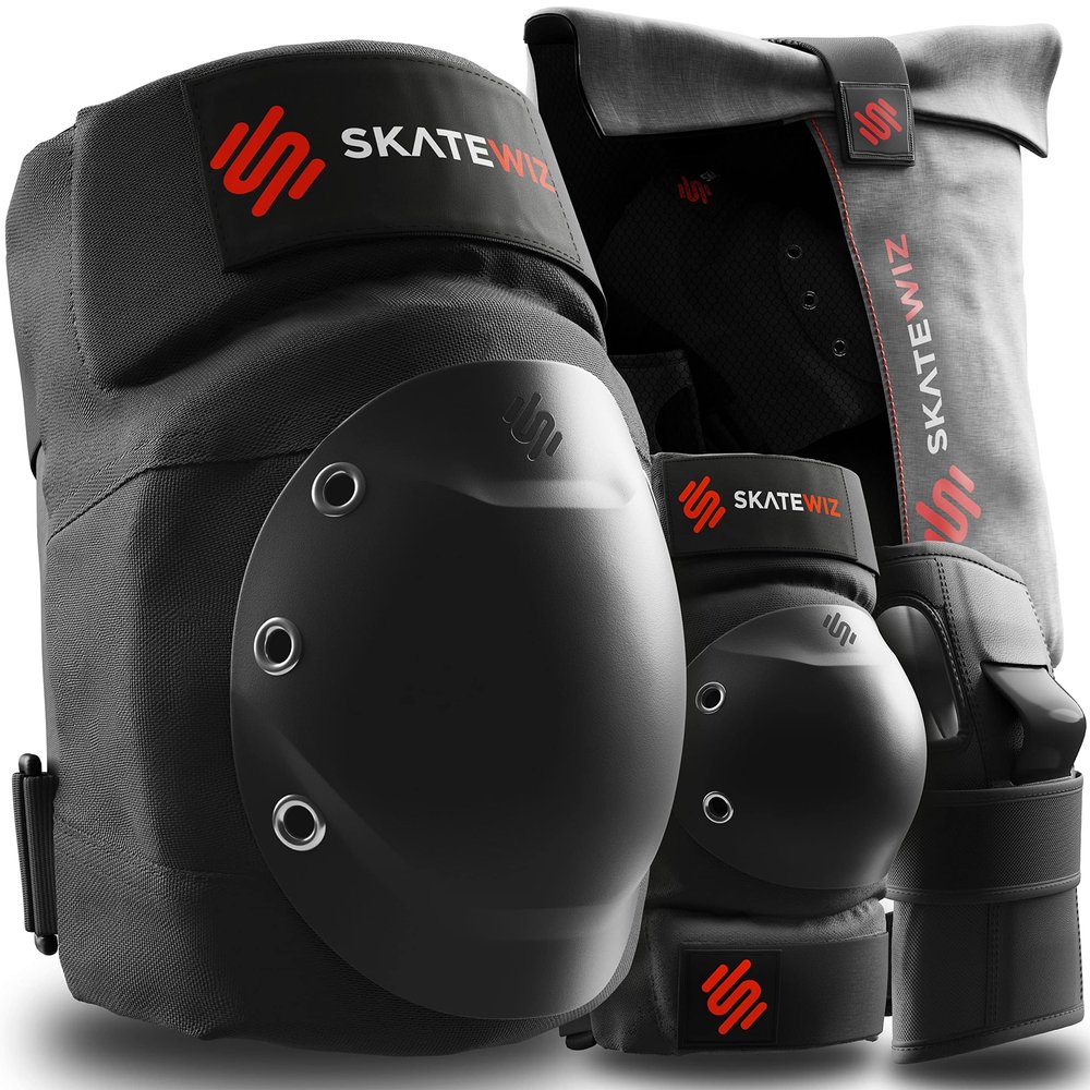 SKATEWIZ Knee and Elbow Pads Adult - Skating Protective Gear Adult - Shield - Size L Black - Skateboard Pads with Wrist Guards for Inline Skates, Roller Skate - Ice Skates for Men