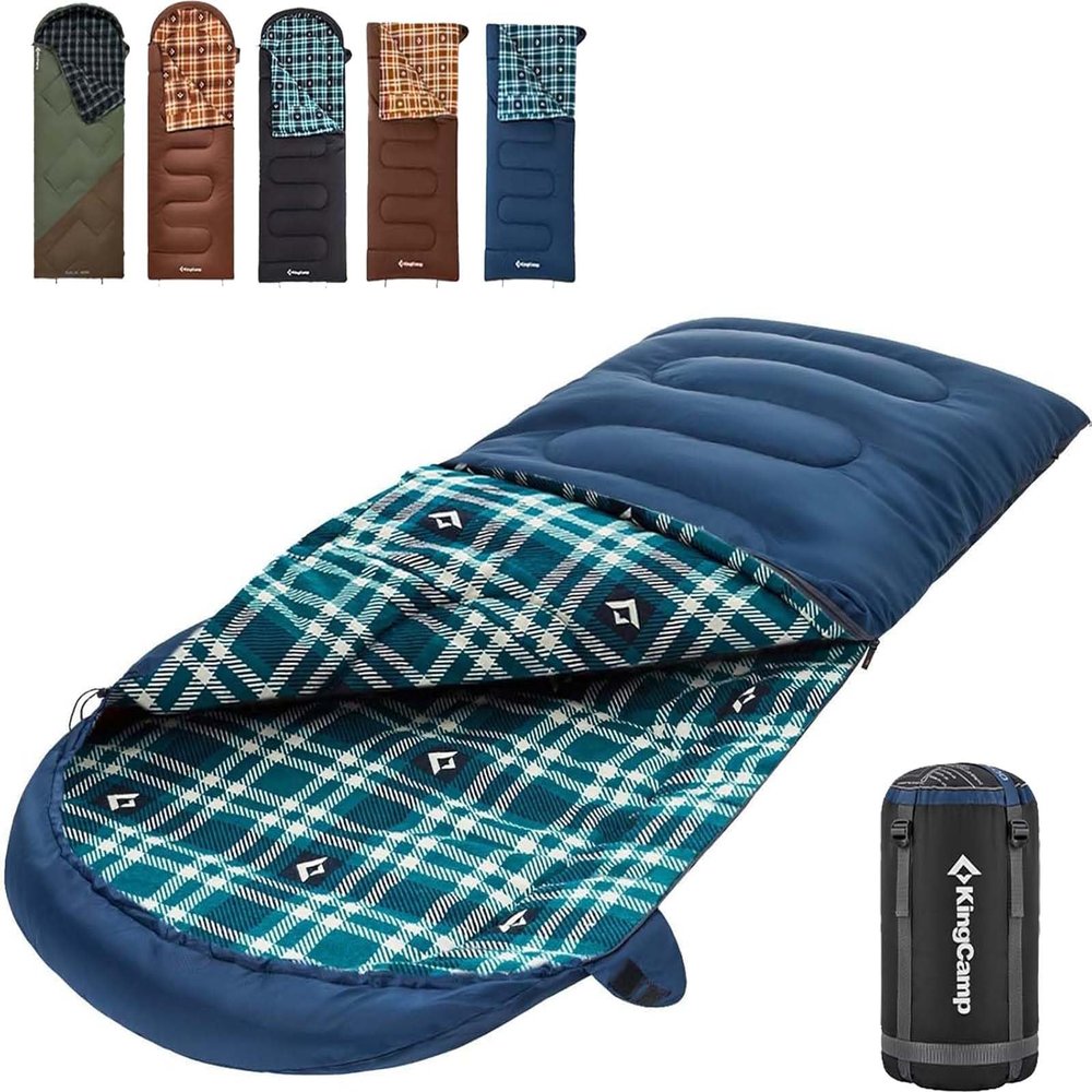 KingCamp Sleeping Bag for Adults, Cold Weather & Warm XL Big and Tall Flannel Sleeping Bags with Compression Sack Portable Waterproof Essentials Gear Accessories for Outdoor Camping (Navy Right)